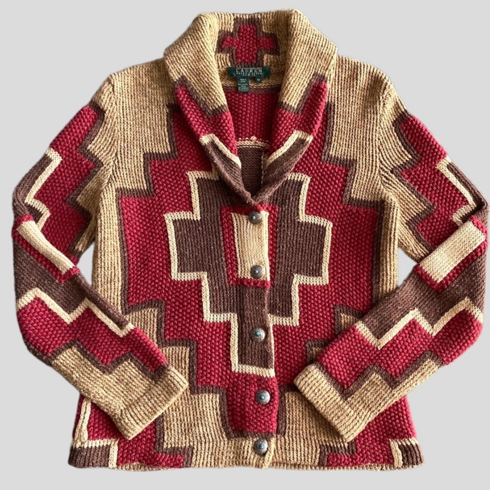 RALPH LAUREN Southwestern Concho Button Vintage Knit Cardigan Size M - Picture 11 of 14